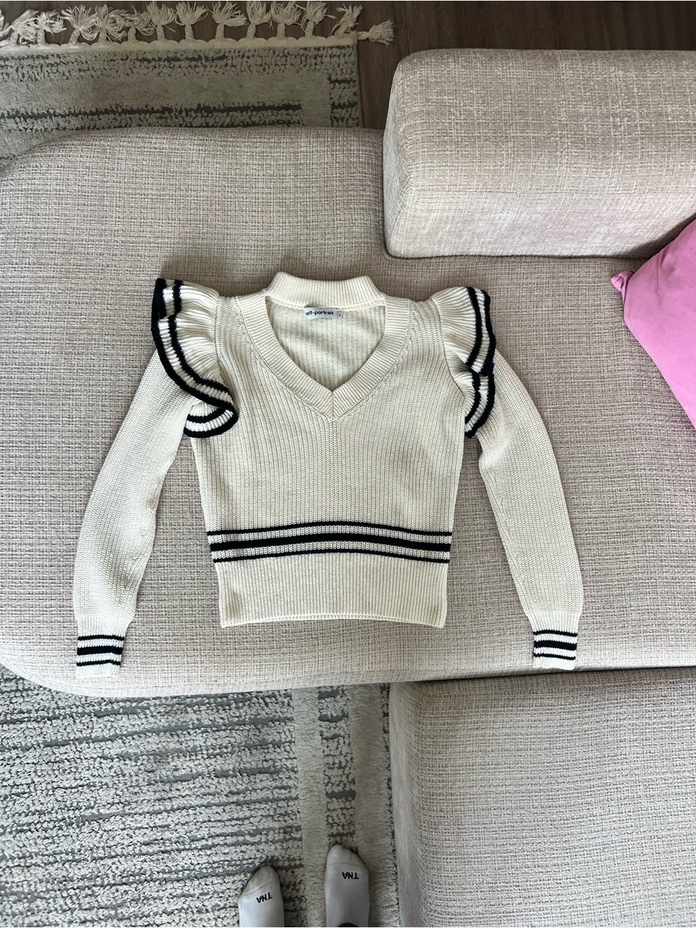Self-Portrait Cream V-Neck Sweater with Navy Blue Trim